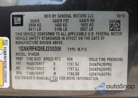 2014 Chevrolet Traverse Ls из США, поврежденный, VIN 1GNKRFKD8EJ200098